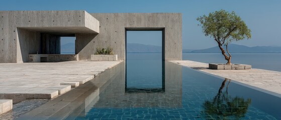 Fototapeta premium Modern architectural structure beside a serene pool. Tree and water mirror the sky and landscape