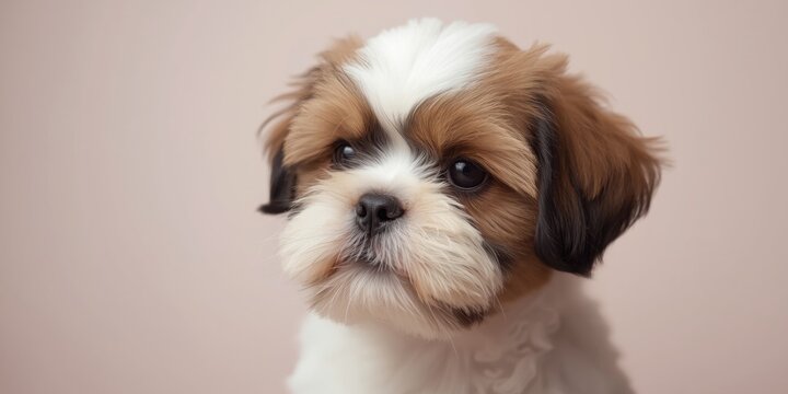 Cute Shih Tzu Puppy Portrait Against Soft Pink Background