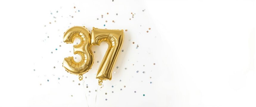 Golden Number Balloons 37 with Confetti on White Background