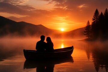 Couple sitting in rowboat at sunset on misty mountain lake