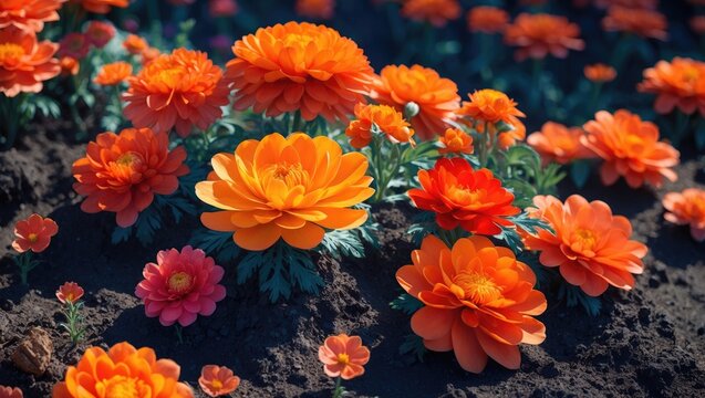 Vibrant Orange Flowers Blooming in Dark Soil under Sunlight