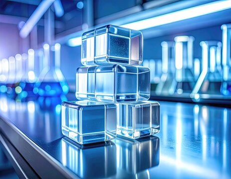 A stack of translucent glass cubes rests on a sterile laboratory surface, evoking cold precision and scientific innovation. Concept of nobody, no people, in a futuristic, hightech chemistry lab.