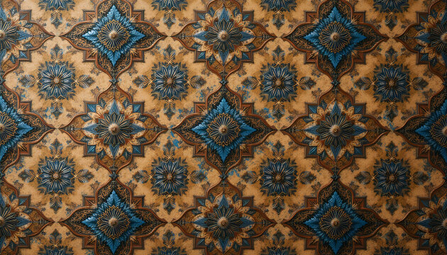 Moroccan zellige tile mosaic pattern in blue and gold. Handcrafted geometric Islamic art texture for luxury interior design.