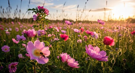 Fototapeta premium Pink cosmos flowers blooming in a sunset field.
