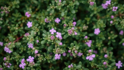 Fototapeta premium Purple Flowers Blooming Amidst Green Foliage in Top View