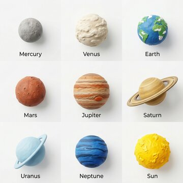 Solar system planets in 3x3 grid. Major celestial bodies and sun collection.