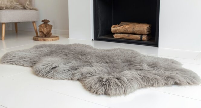 Cozy Grey Fur Rug Placed on a White Floor Near a Fireplace
