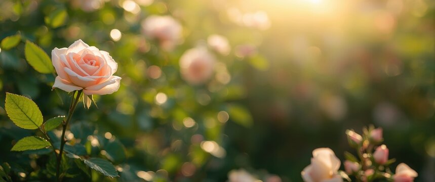 Soft Pink Rose Blooming in a Garden at Sunset with Warm Light