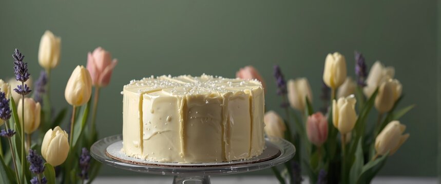Elegant White Cake Displayed on a Cake Stand Surrounded by Tulips in Soft Pastel Colors