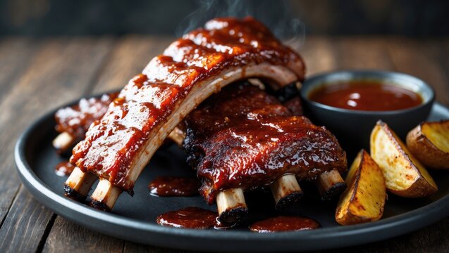 Succulent Barbecued Ribs Glazed with Sauce Served on a Black Plate with Potato Wedges