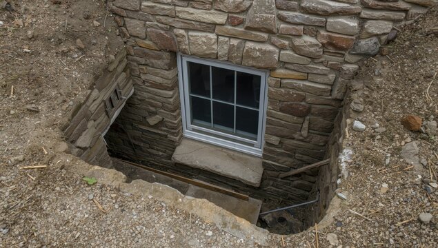 Exposed Basement Window Surrounded by Stone Walls and Dirt Elevation