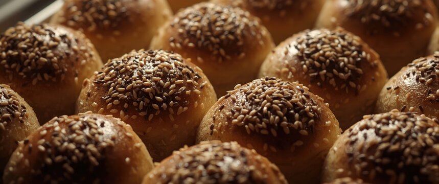 Freshly Baked Sesame Buns in a Warm Kitchen Setting
