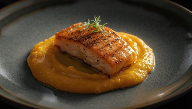 Grilled Salmon Fillet Served on Pureed Pumpkin with Fresh Herb Garnish