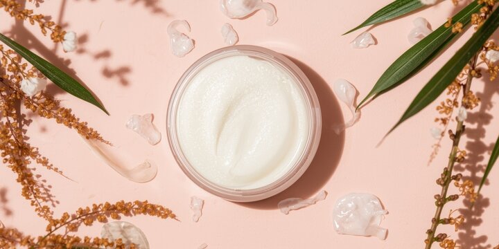 Moisturizing Cream in a Jar Surrounded by Leaves and Floral Accents on Pink Background