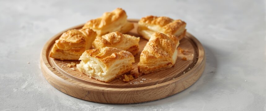 Freshly Baked Puff Pastry Squares on a Wooden Board