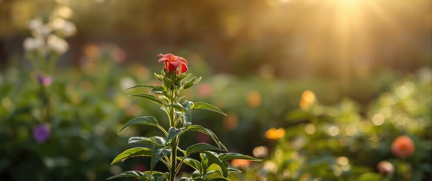 Single Red Flower in Soft Morning Light with Colorful Garden Background