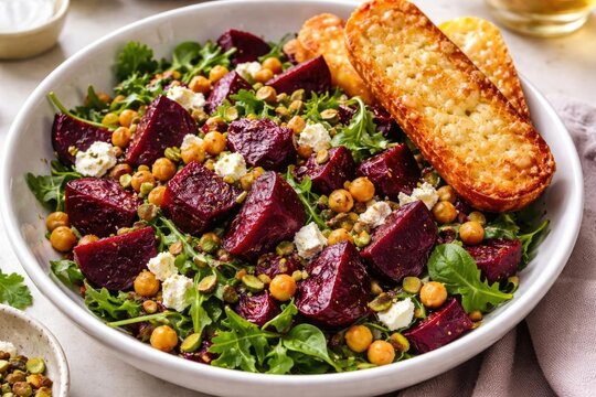 Fresh Beetroot and Chickpea Salad with Greens and Toasted Bread