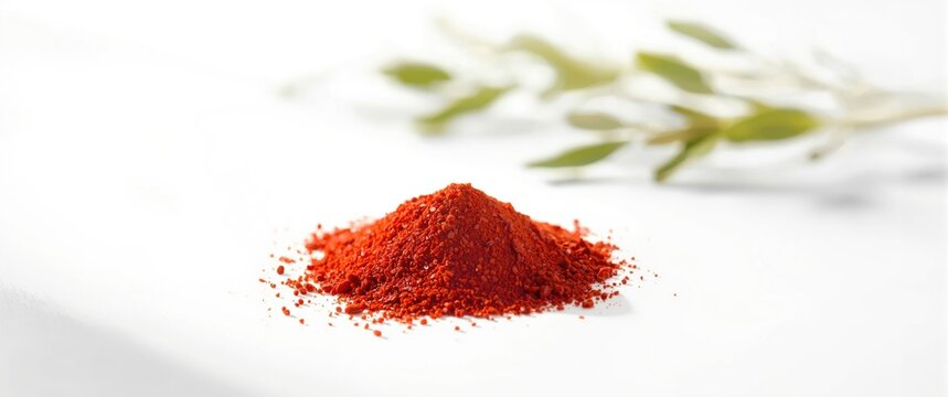 Red Spice Powder Pile with Green Olive Leaves on White Surface