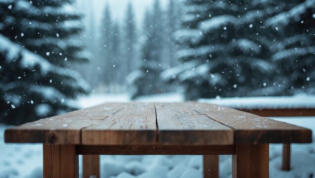 Wooden desk in a snow-covered park of snow