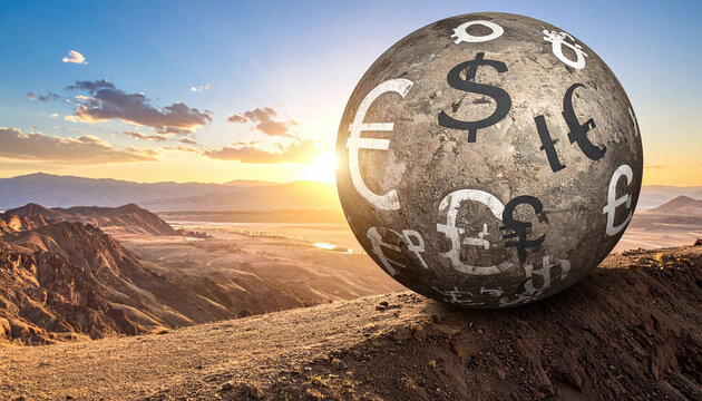 A stone sphere engraved with global currency symbols sits atop a rugged mountain at sunrise. This conceptual image, no people, evokes feelings of economic weight, financial stability, and potential.