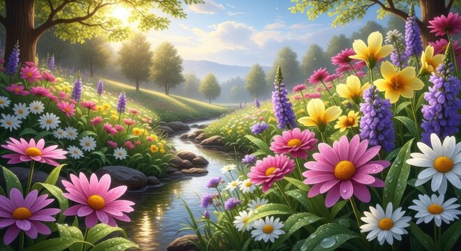 Vibrant flower garden landscape with stream and morning sun.
