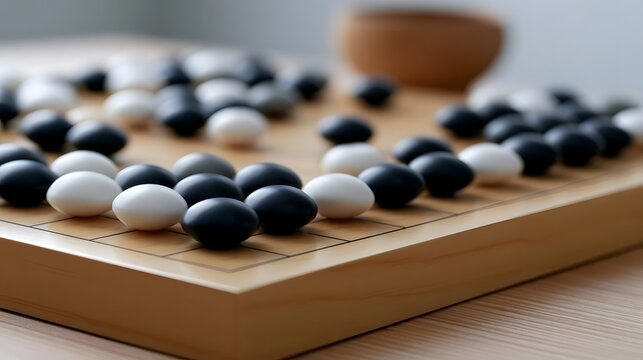 A wooden go board with black and white stones arranged for a strategic game  showing focused play on a clean surface