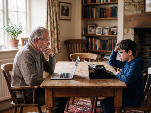 Elderly Man and Young Boy Exploring a Laptop and a Vintage Typewriter