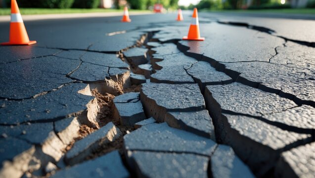Cracked Asphalt Road with Traffic Cones in a Suburban Environment