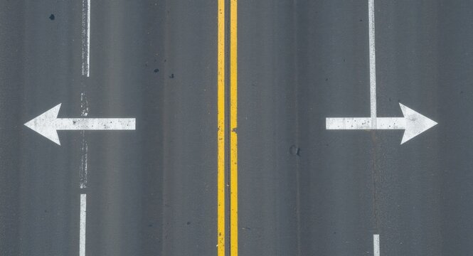 Aerial View of a Two-Lane Road with Directional Arrows on Asphalt