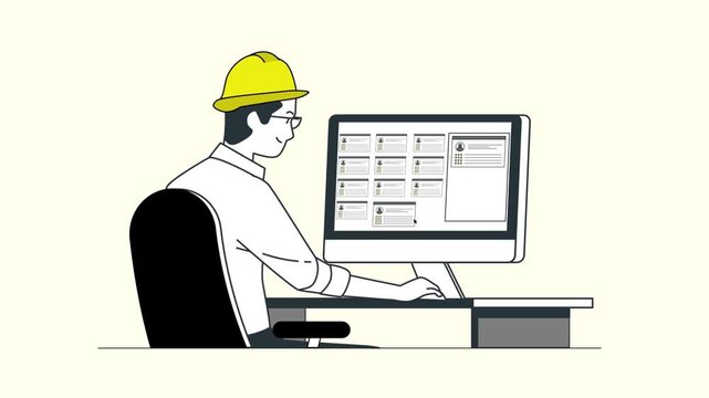 Engineer Working at Computer Monitor Line Art Style 2D Animation