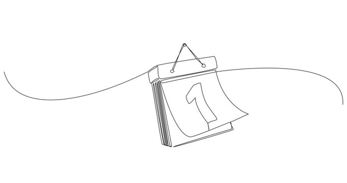 continuous line drawing of a hanging tear-off wall calendar showing first day of the month, line art vector illustration