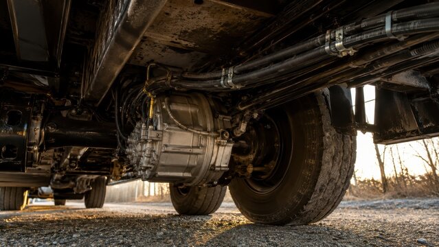 Truck Undercarriage and Rear Axle for Heavy Vehicle Mechanics Low Angle Shot