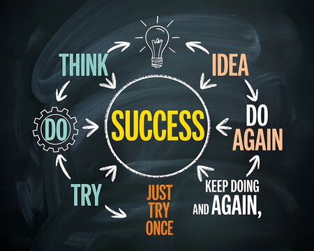 Chalkboard illustration showing steps to achieve success with motivational words