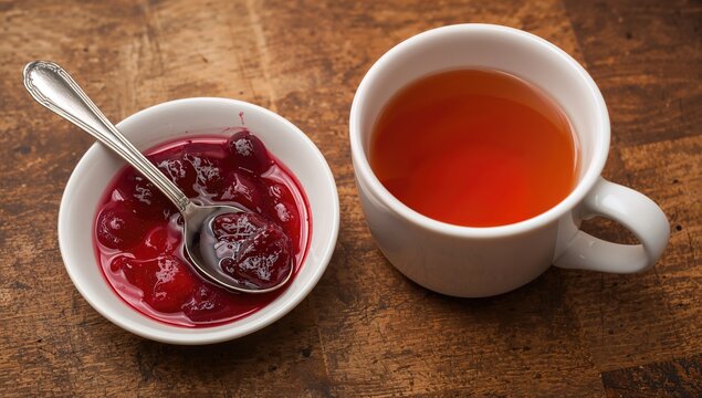 Bowl of Cherry Jam with Spoon Next to Cup of Tea on Wooden Table