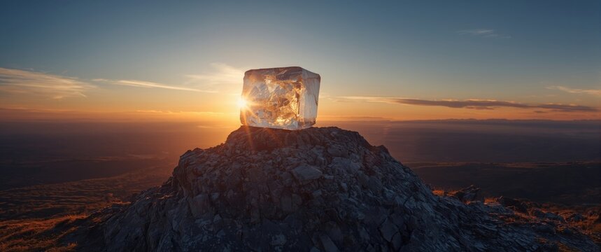 Ice Cube Glowing on a Rocky Mountain Peak at Sunset