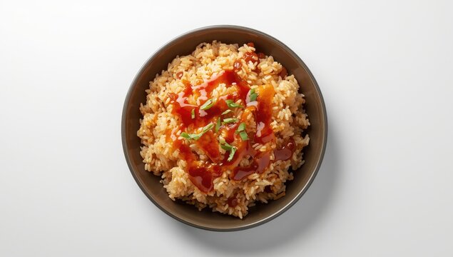Fried Rice Topped with Ketchup and Fresh Herbs in a Round Bowl