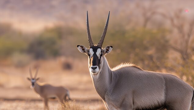Oryx Gazelle Staring at the Camera in a Desert Landscape with Soft Light