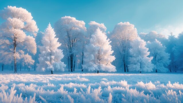 Frosty Winter Landscape with Snow-Covered Trees under Soft Blue Light