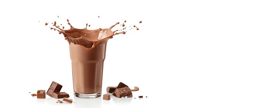 Chocolate Milk Splashing from a Glass with Chunks of Chocolate on White Background