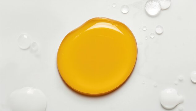 Yellow Liquid Droplet on Smooth White Surface with Water Beads