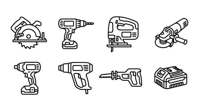Power tools icons showcase a circular saw, drill, jigsaw, angle grinder, driver and battery pack.