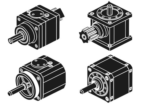 Four unique black vector designs featuring a planetary gear reducer, pneumatic actuator, rotary indexing table, and industrial chain tensioner. Pure white background, highly recognizable mechanical 