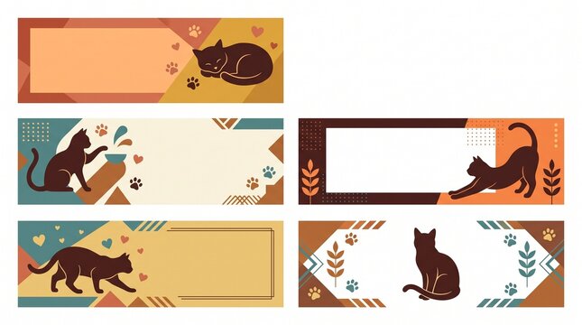 Cute cat banner collection for pet shops and animal blogs. Playful feline vector set with paw prints and autumn themes for marketing designs.