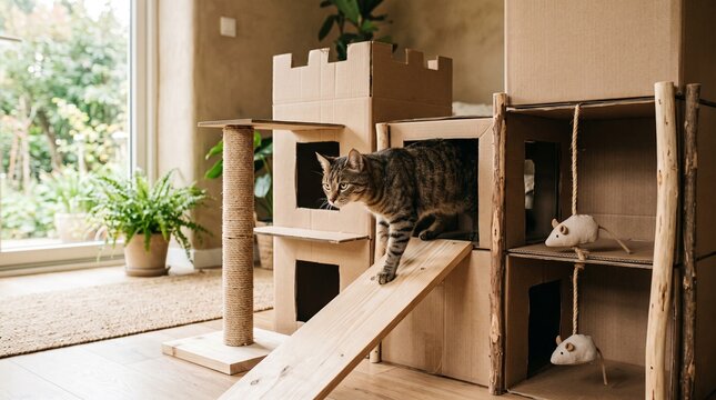 Curious cat exploring modern cardboard cat house. Playful pet enjoying eco-friendly indoor play structure with scratching posts.