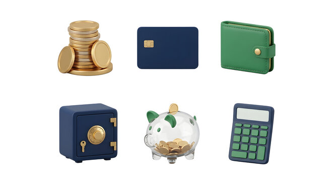 3D Personal Finance Icons With Coins Card Wallet Safe and Calculator
