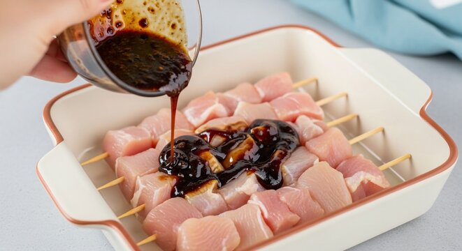 Raw chicken skewers marinating preparation
