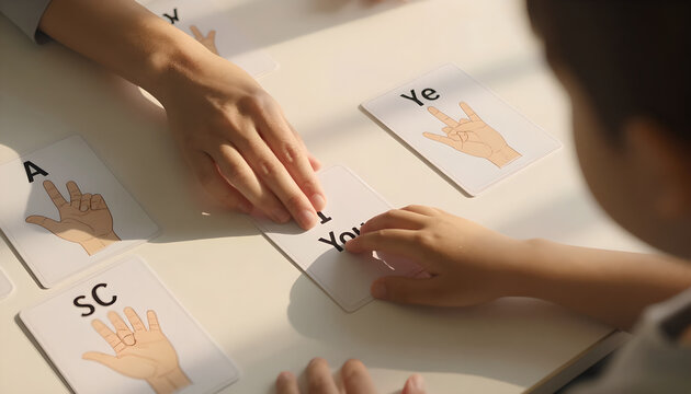 Sign Language Teacher Assisting Child with Flashcards: Interactive Learning