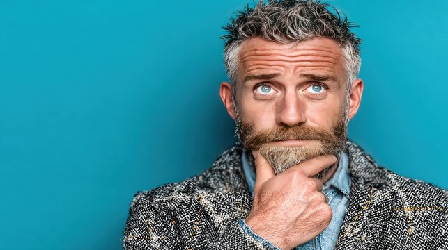Middle-aged man with graying hair, beard, looking upward, thinking against a teal backdrop