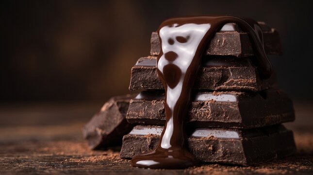 Luxury chocolate bar melting into rich dark cocoa chunks. Decadent gourmet dessert drizzle with glossy texture and indulgent appeal.