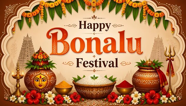 Happy Bonalu Festival Background with Traditional Decorated Pots, Rice Offering, and South Indian Temple